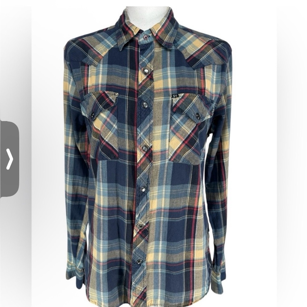 SALT VALLEY WESTERN / Blue Tan Red Plaid Western Button Down / Medium